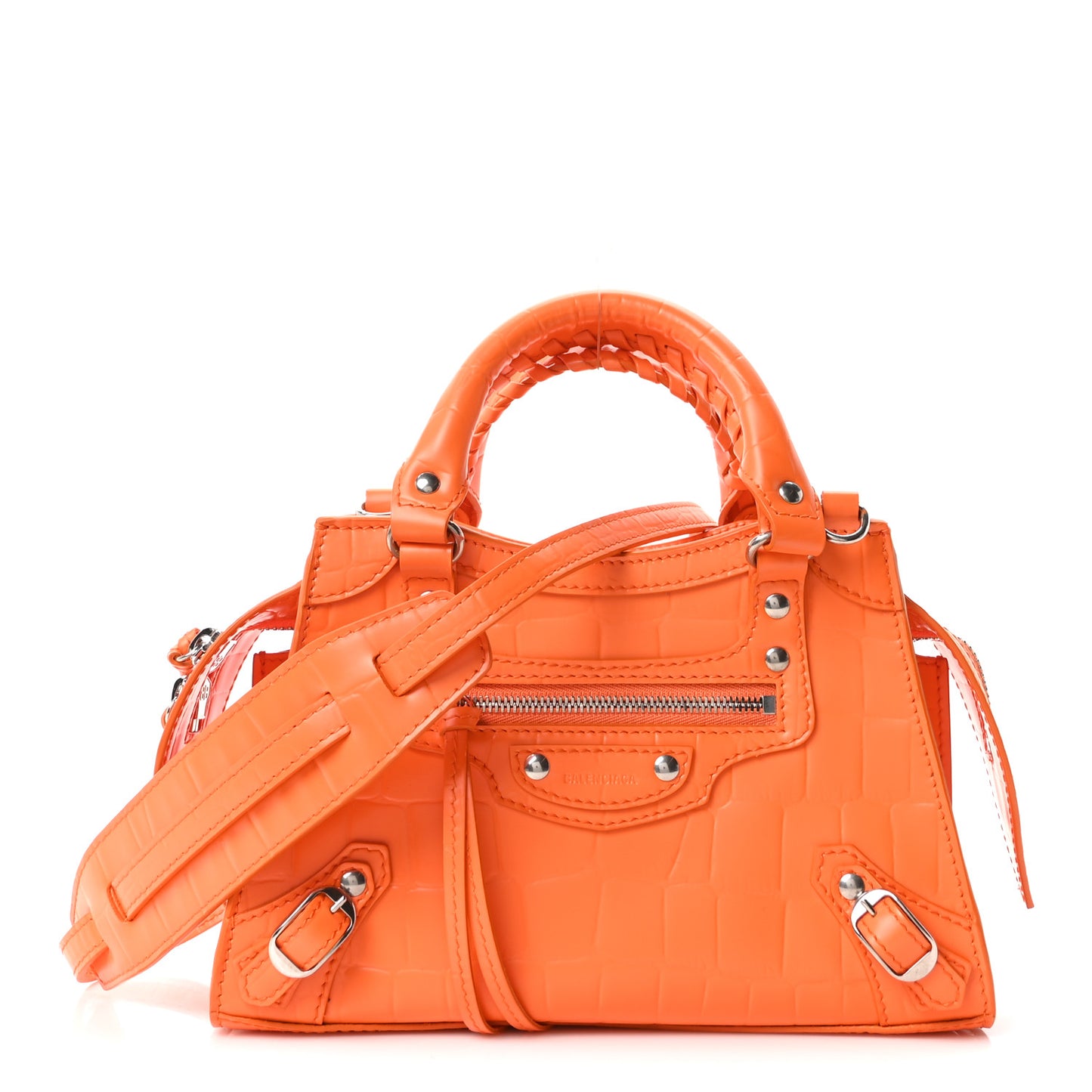 Semi Shiny Calfskin Crocodile Embossed Neo Classic Silver Hardware Mini City Orange