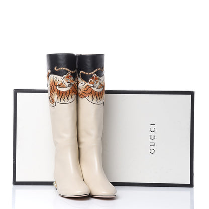 Gucci Nappa Pearl Tiger Embroidered Knee High Boots 39 Mystic White Black 8 of 9