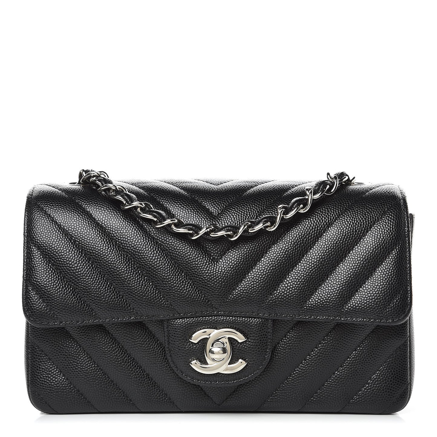 Caviar Chevron Quilted Mini Rectangular Flap Black