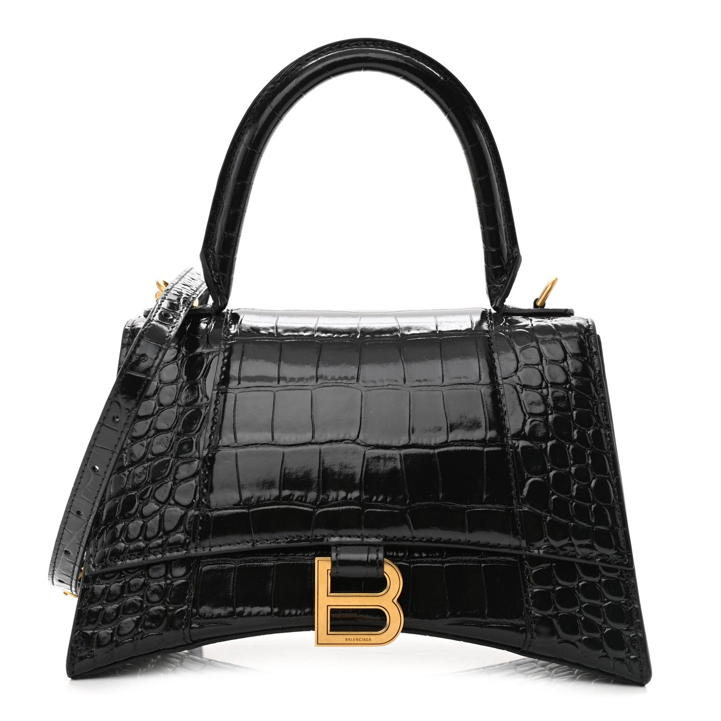 Shiny Calfskin Crocodile Embossed Small Hourglass Top Handle Bag Black