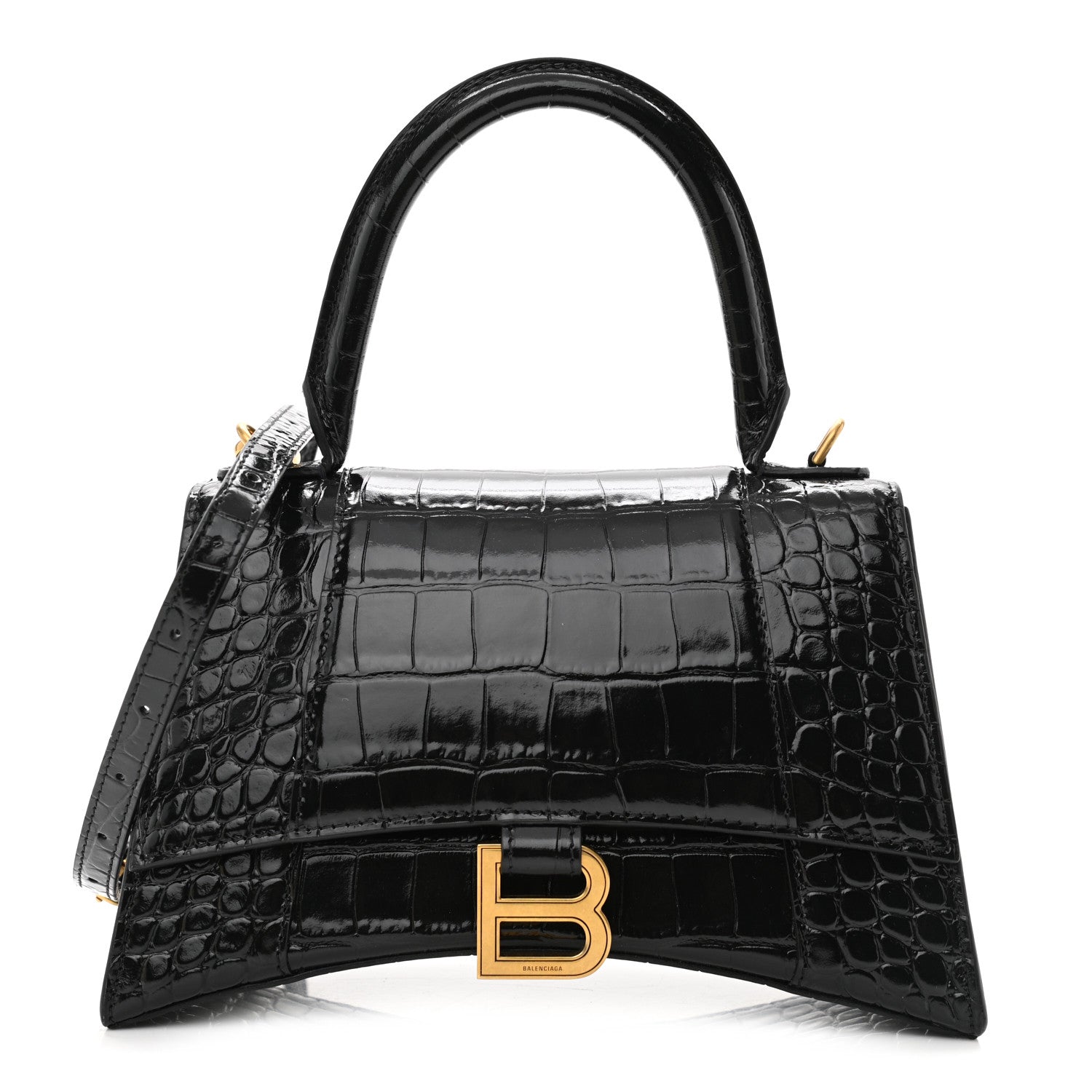 Balenciaga Shiny Calfskin Crocodile Embossed Small Hourglass Top Handle Bag Black 1 of 9
