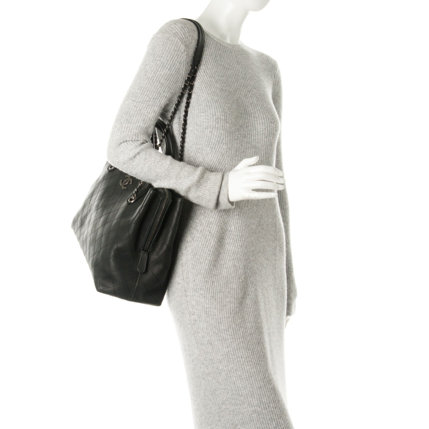 Chanel Grained Vegetal Calfskin Stitched Shopping Tote Black 2 of 8