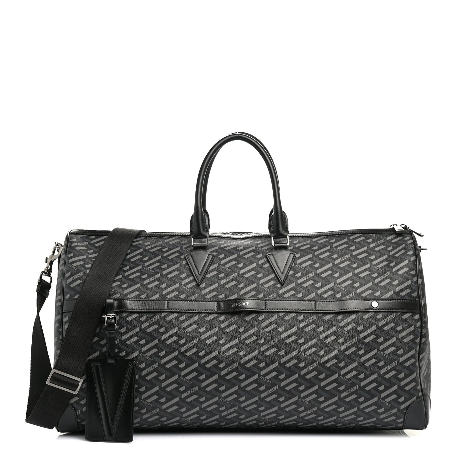 Coated Canvas Calfskin La Greca Signature Travel Bag Black Grey
