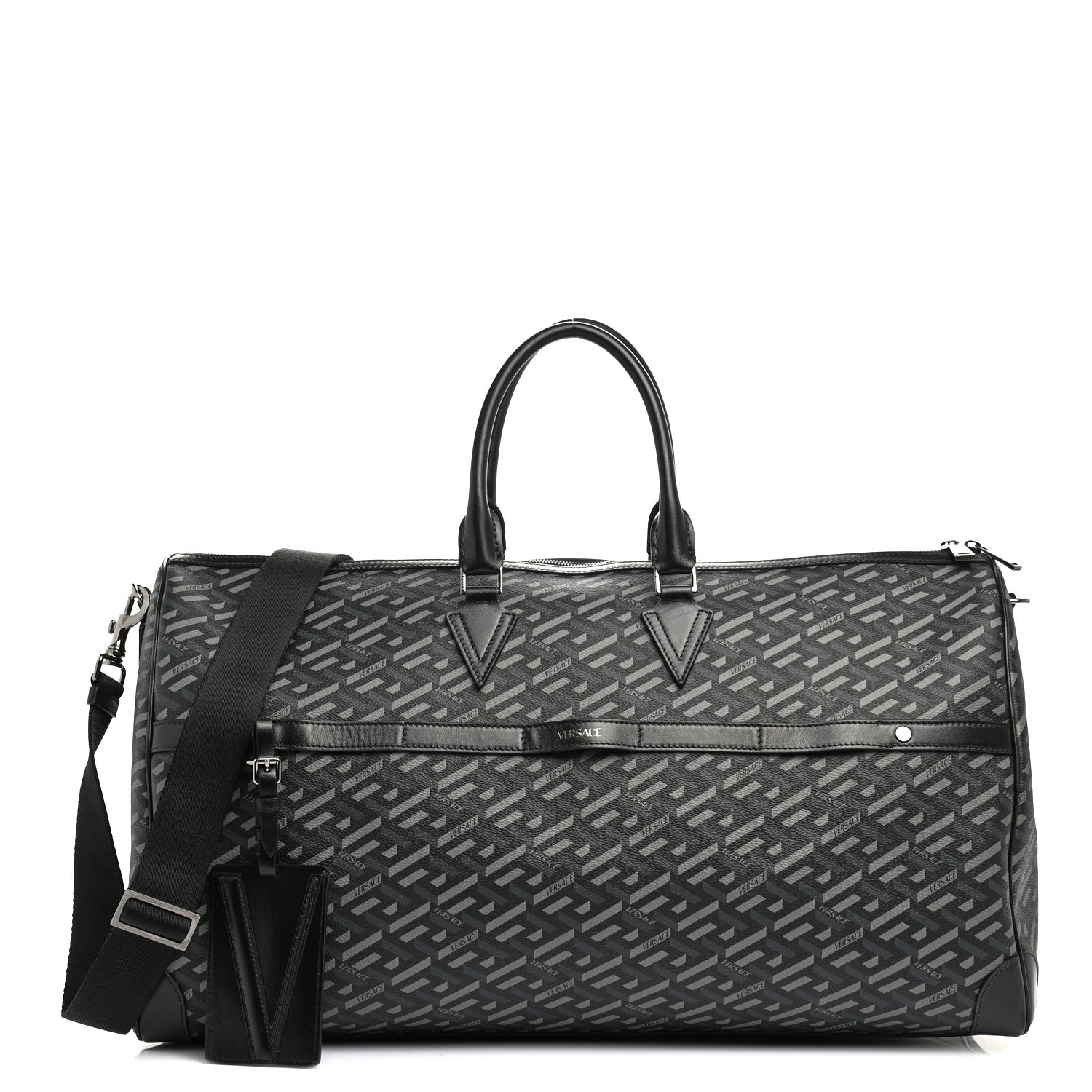 Versace Coated Canvas Calfskin La Greca Signature Travel Bag Black Grey 1 of 12