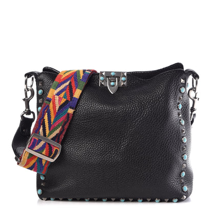 Valentino Garavani Pebbled Calfskin Tribal Small Guitar Strap Rockstud Rolling Flip-Lock Messenger Bag Black 1 of 7