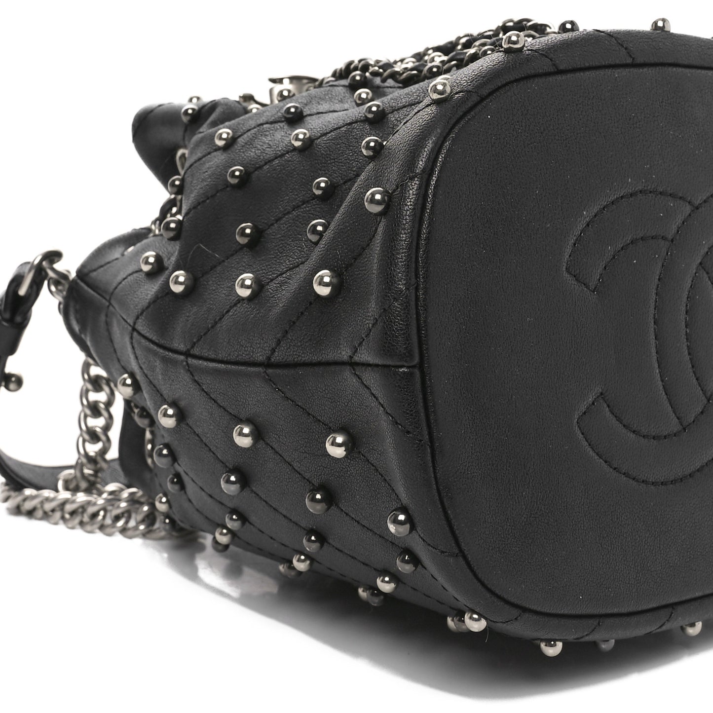 Lambskin Studded Chevron Quilted Small Stud Wars Drawstring Bag Black