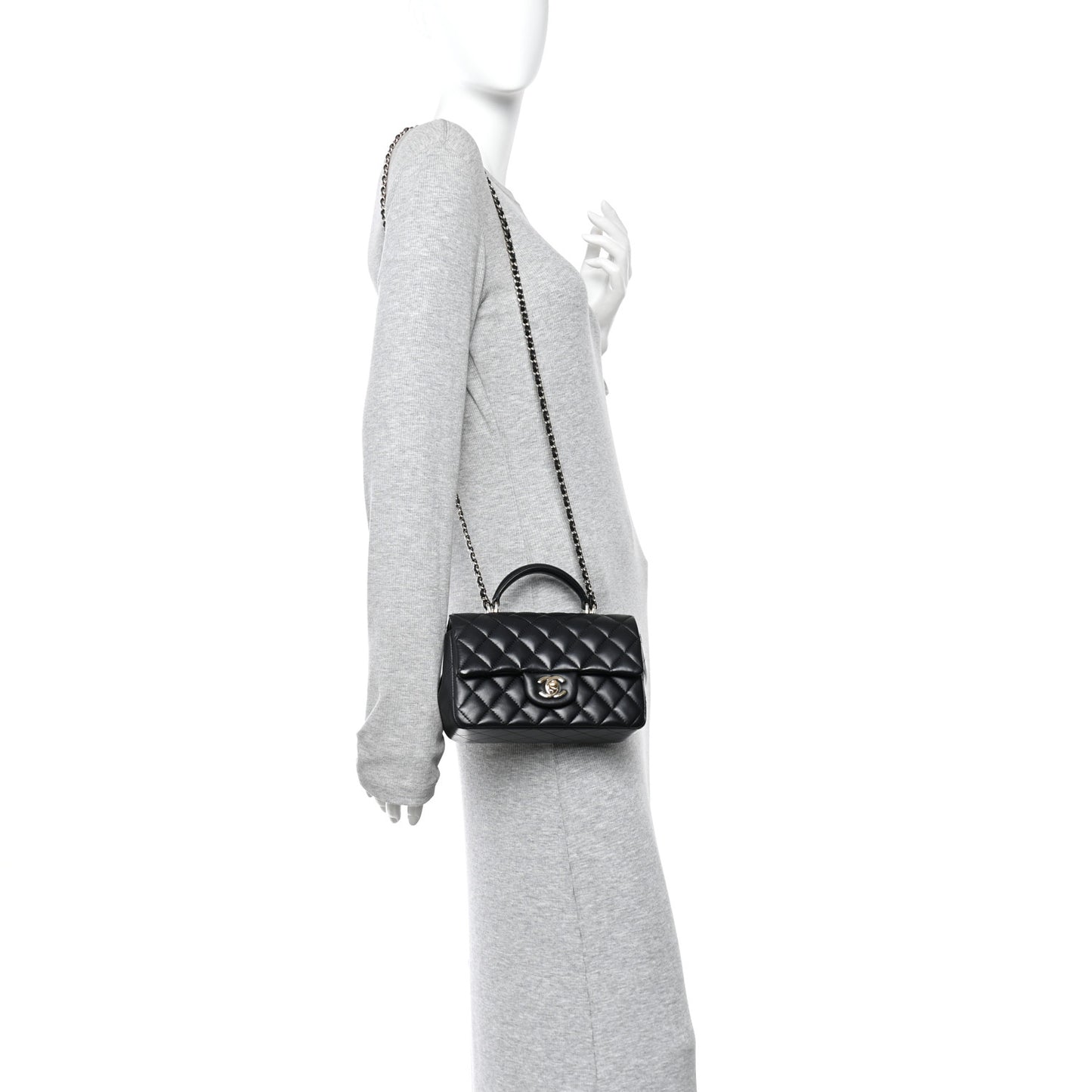 Lambskin Quilted Mini Top Handle Rectangular Flap Black