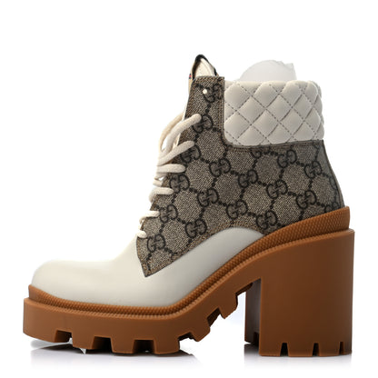 Gucci Calfskin GG Supreme Monogram Nappa Quilted Lace Up Ankle Boots 35 Mystic White Beige 1 of 8