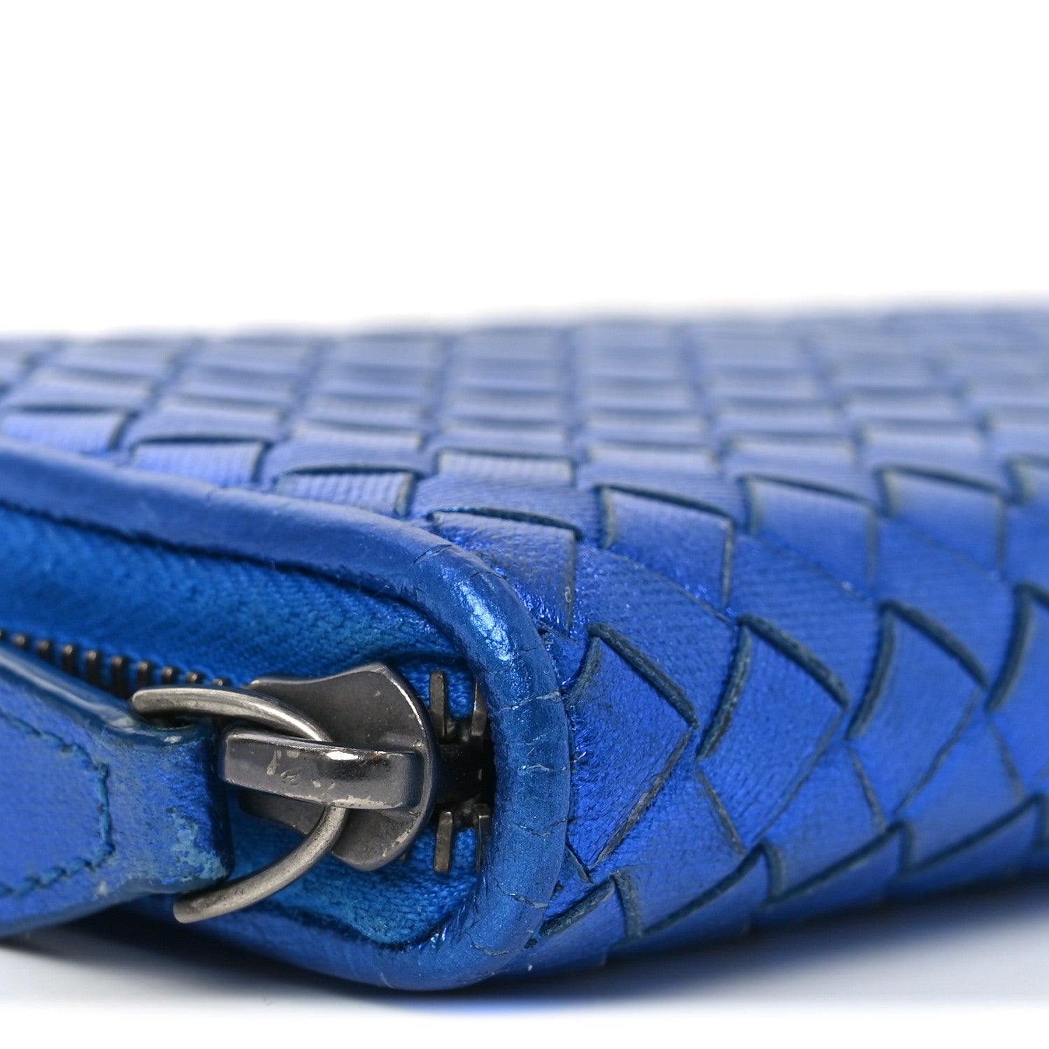 Bottega Veneta Metallic Grosgrain Intrecciato Zip Around Wallet Cobalt 9 of 10