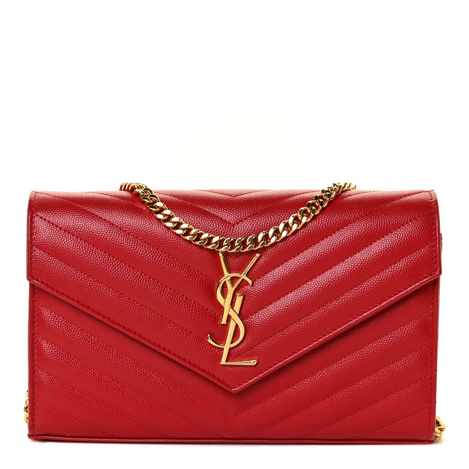 Saint Laurent Grain De Poudre Matelasse Chevron Monogram Chain Wallet Red 1 of 8