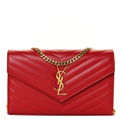 Saint Laurent Grain De Poudre Matelasse Chevron Monogram Chain Wallet Red 1 of 8