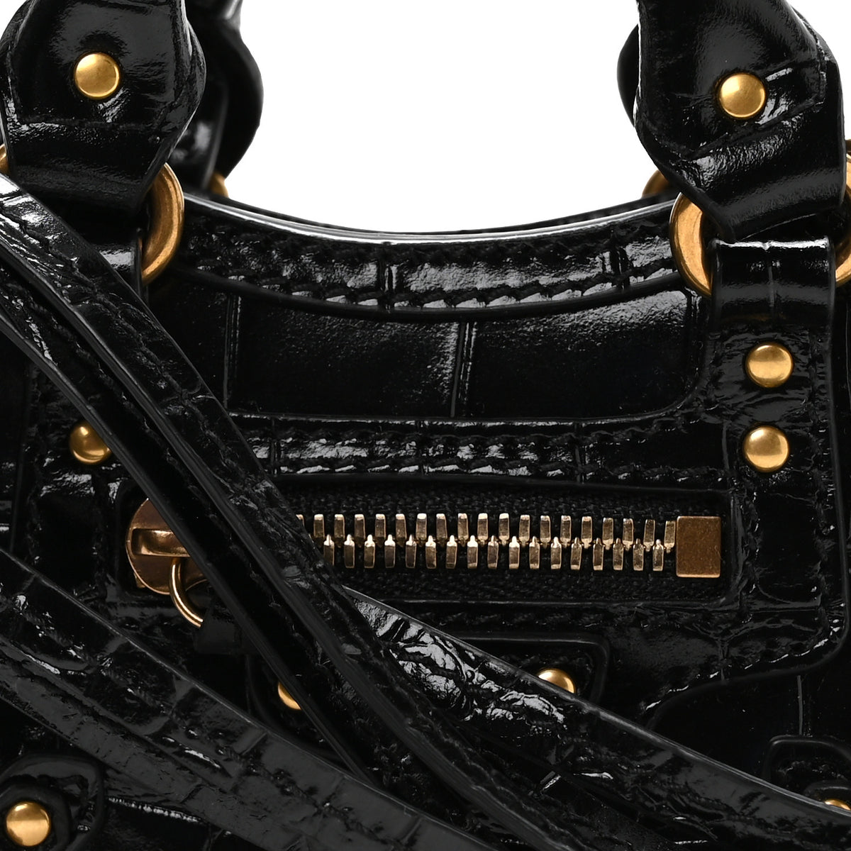 Balenciaga Shiny Supple Calfskin Crocodile Embossed Neo Classic Gold Hardware Super Nano City Crossbody Black 8 of 10