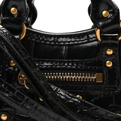 Balenciaga Shiny Supple Calfskin Crocodile Embossed Neo Classic Gold Hardware Super Nano City Crossbody Black 8 of 10
