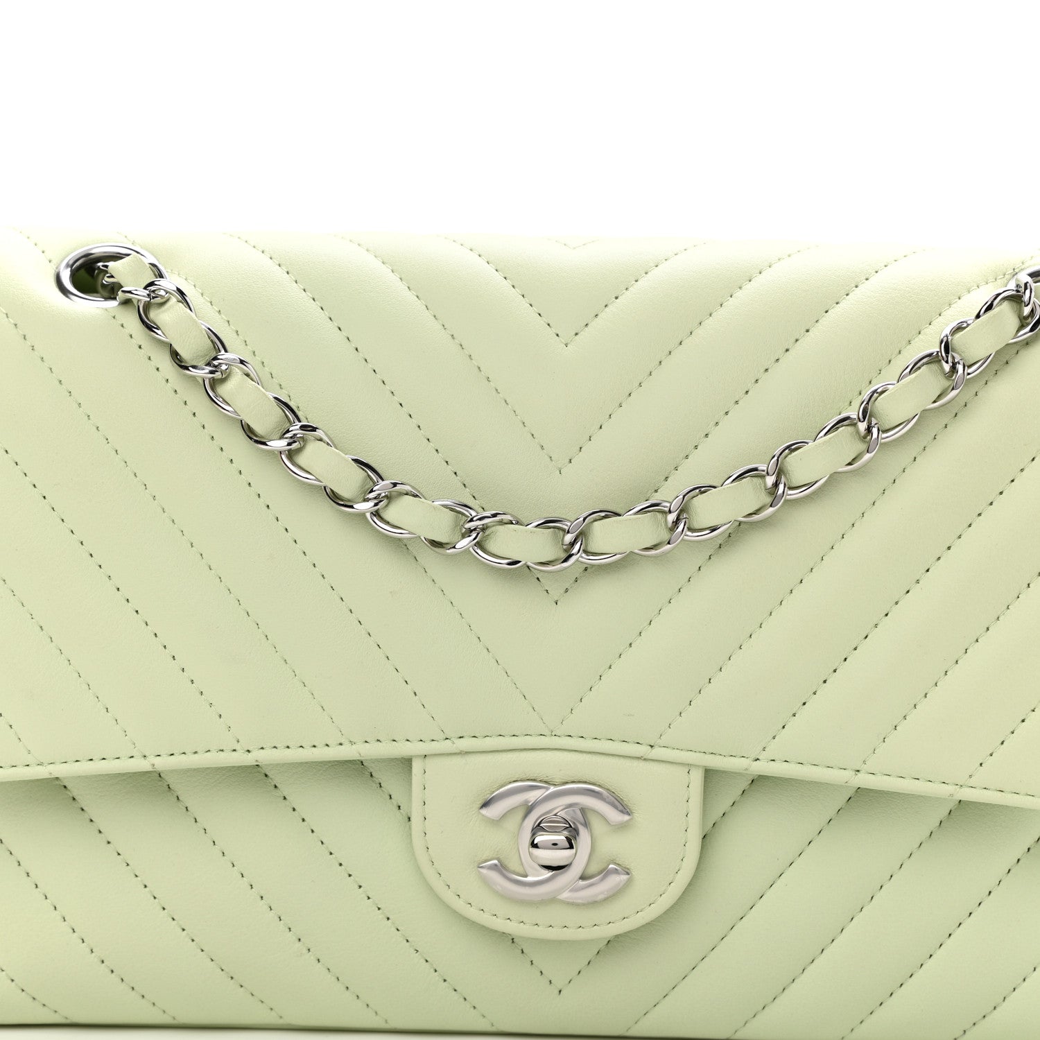 Chanel Calfskin Chevron Quilted Medium Double Flap Light Green 8 of 11