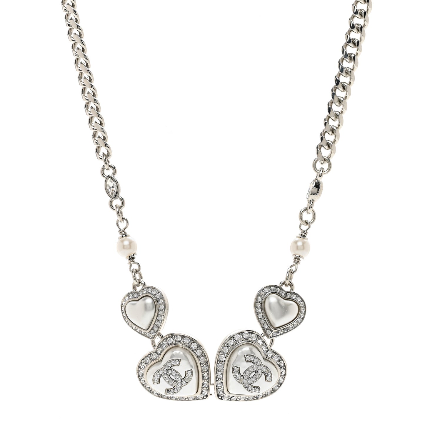 Pearl Crystal CC Heart Choker Necklace Silver