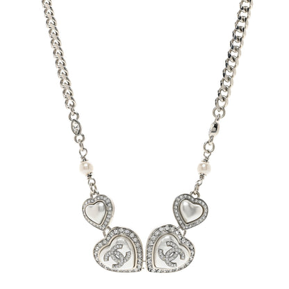 Chanel Pearl Crystal CC Heart Choker Necklace Silver 1 of 4