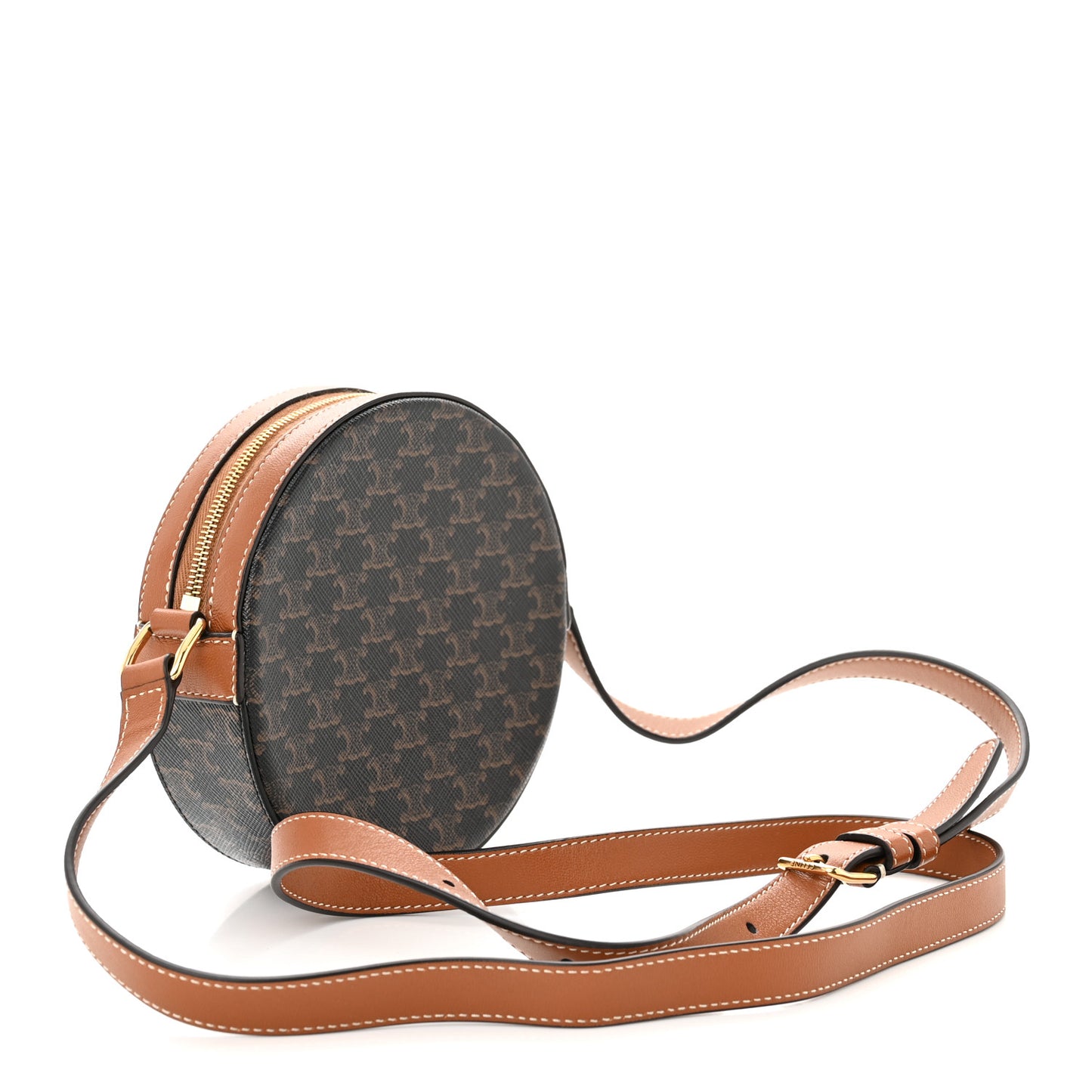 Triomphe Canvas Embroidered Logo Round Purse On Strap Black Tan