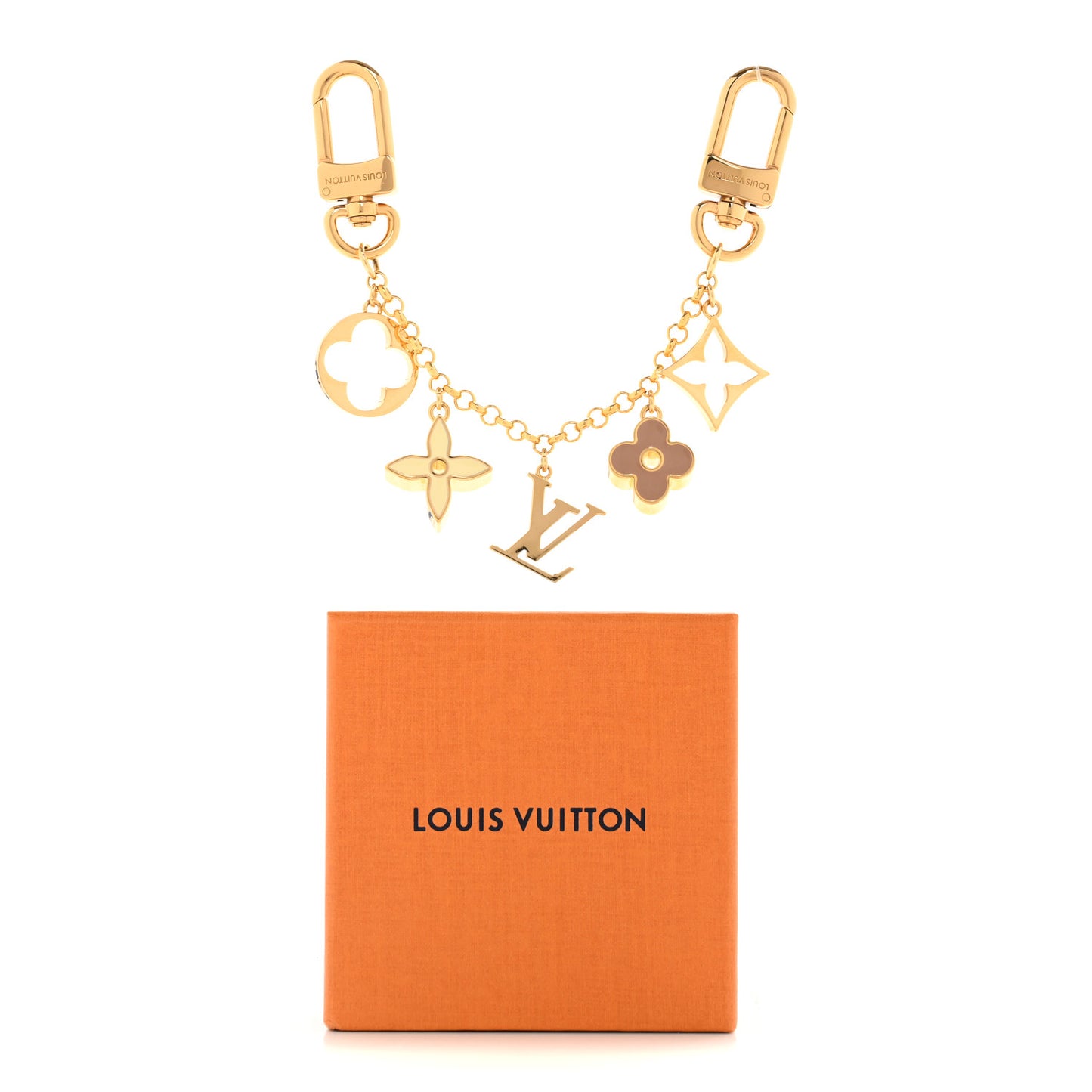 Brass Enamel Fleur De Monogram Bag Charm Chain Gold