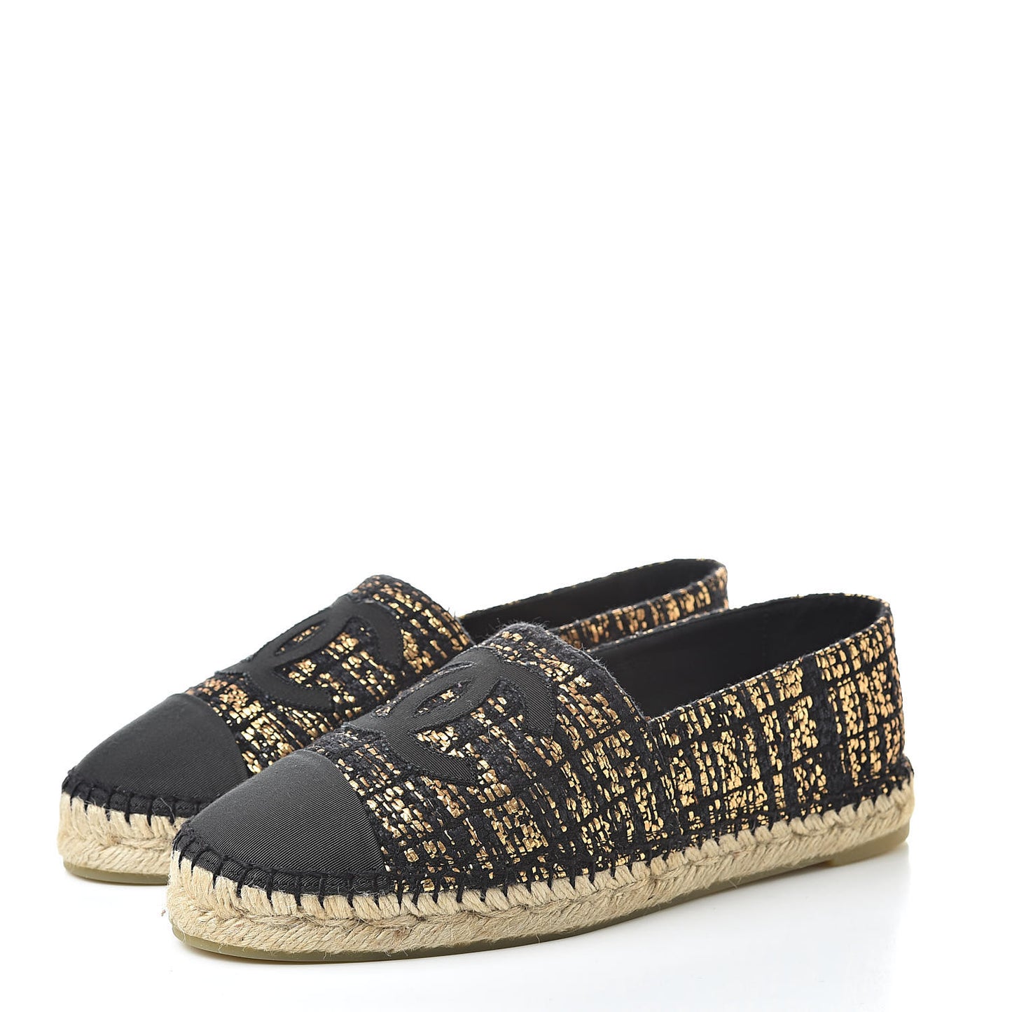 Metallic Tweed Grosgrain CC Espadrilles 40 Black Gold