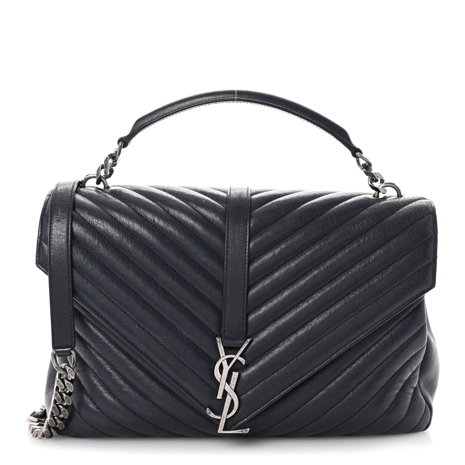 Saint Laurent Sheepskin Matelasse Chevron Monogram Large College Satchel Deep Marine 1 of 9