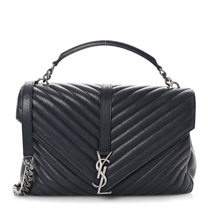 Saint Laurent Sheepskin Matelasse Chevron Monogram Large College Satchel Deep Marine 1 of 9