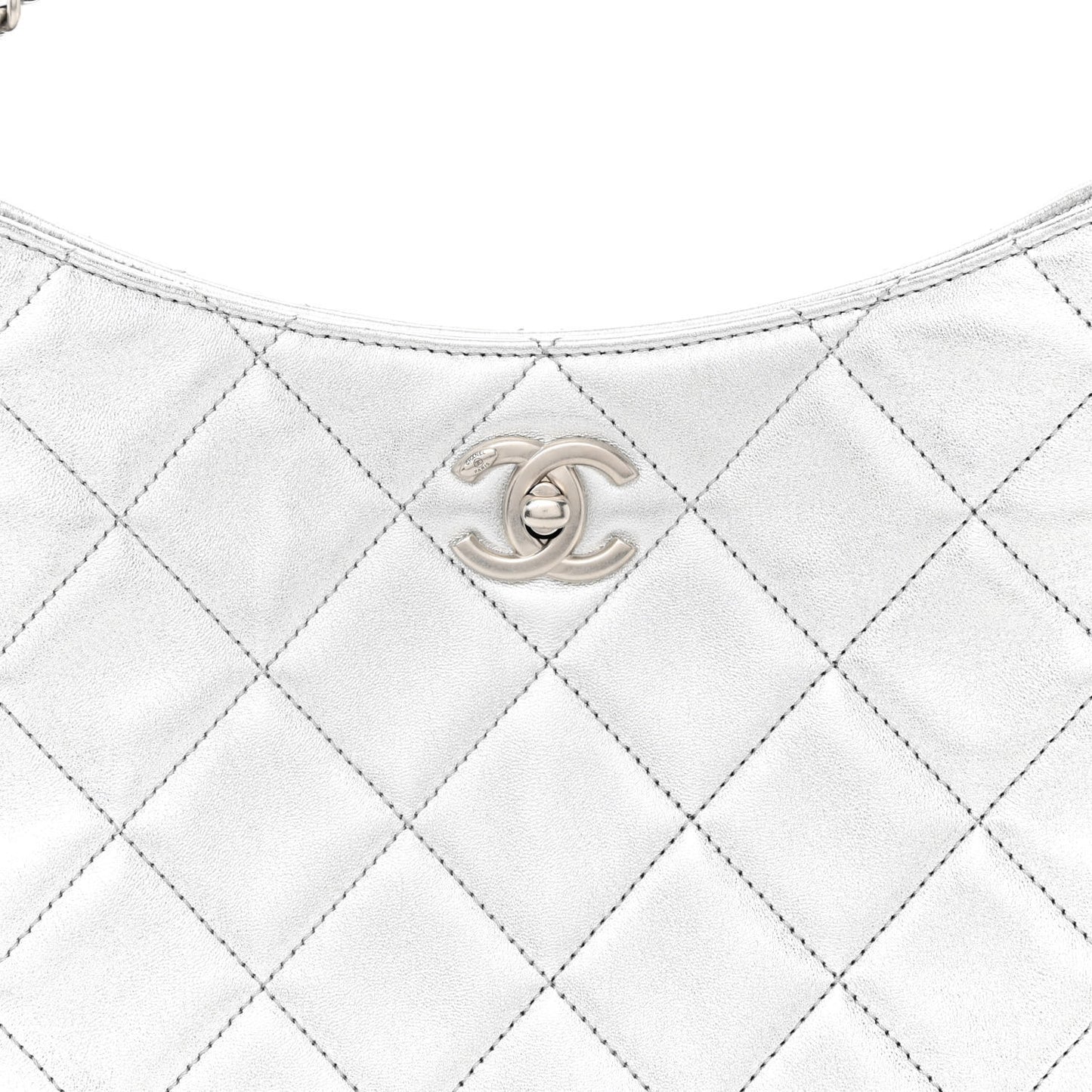 Metallic Lambskin Chain Rows Quilted Chain Hobo Silver