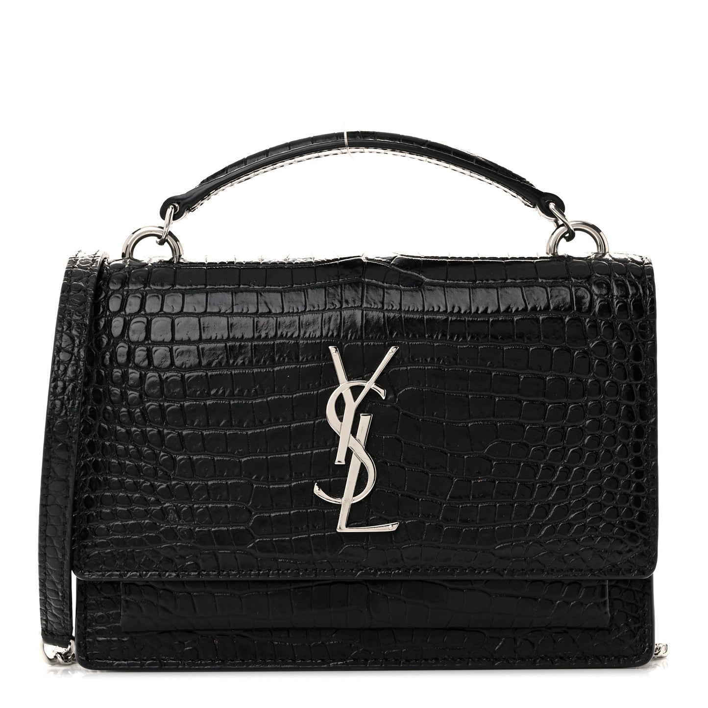 Calfskin Crocodile Embossed Monogram Sunset Top Handle Chain Wallet Black