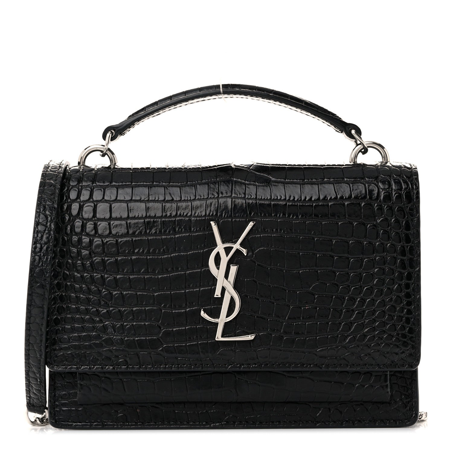 Saint Laurent Calfskin Crocodile Embossed Monogram Sunset Top Handle Chain Wallet Black 1 of 10