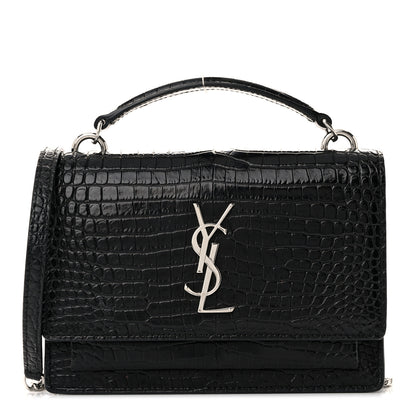 Saint Laurent Calfskin Crocodile Embossed Monogram Sunset Top Handle Chain Wallet Black 1 of 10