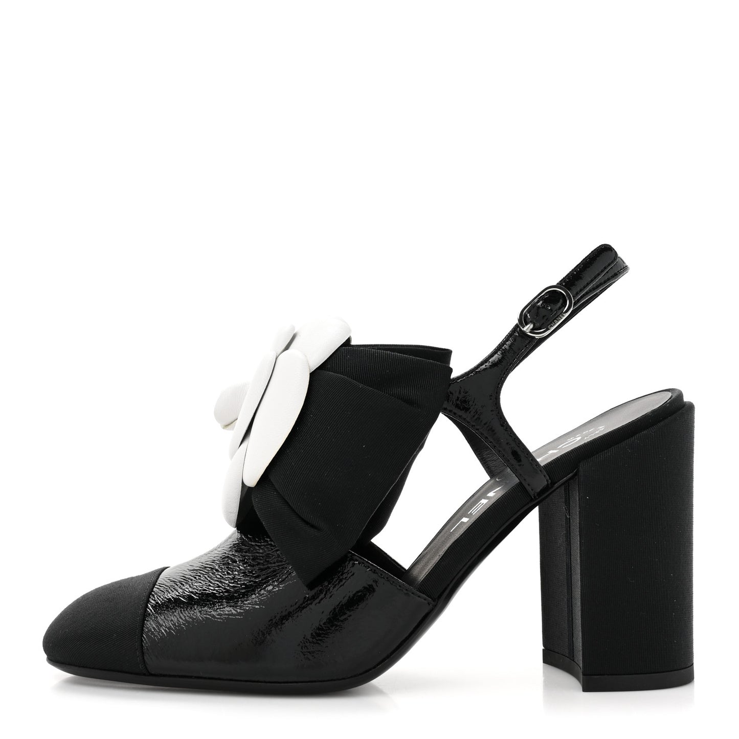 Crumpled Shiny Fabric Grosgrain Cap Toe Camellia Bow Slingback Pumps 37 Black