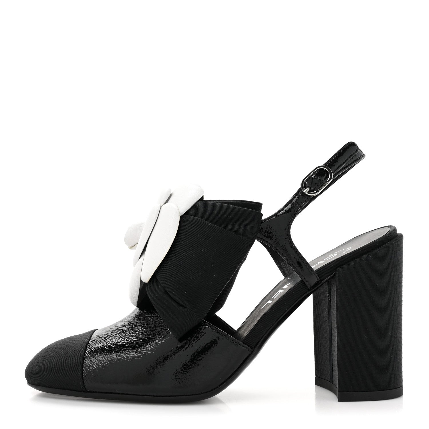 Chanel Crumpled Shiny Fabric Grosgrain Cap Toe Camellia Bow Slingback Pumps 37 Black 1 of 10