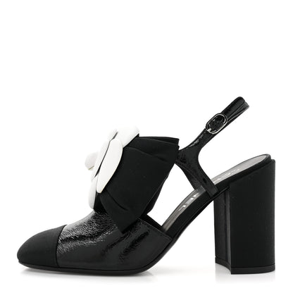 Chanel Crumpled Shiny Fabric Grosgrain Cap Toe Camellia Bow Slingback Pumps 37 Black 1 of 10