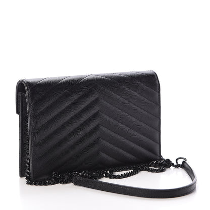 Saint Laurent Grain De Poudre Matelasse Chevron Monogram Envelope Chain Wallet Black 3 of 11
