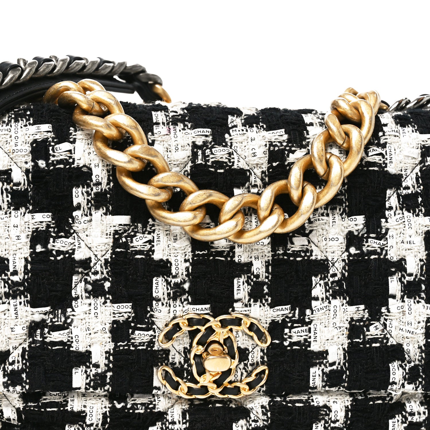 Chanel Tweed Quilted Large Chanel 19 Flap Black Ecru White 8 of 11