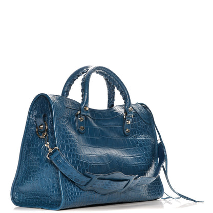 Balenciaga Calfskin Crocodile Embossed Classic Gold Hardware City Bleu Marine 4 of 8