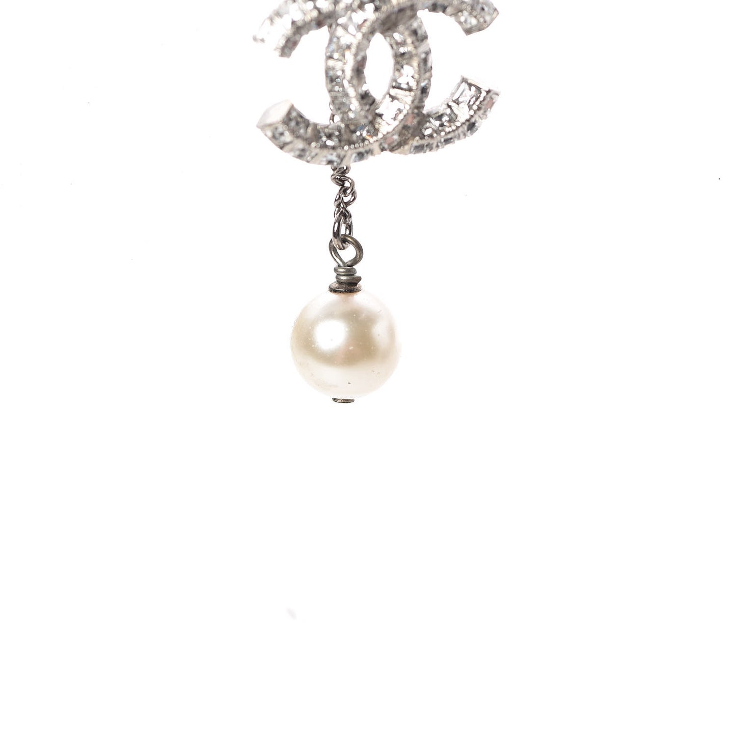 Baguette Crystal Pearl CC Lariat Necklace Silver