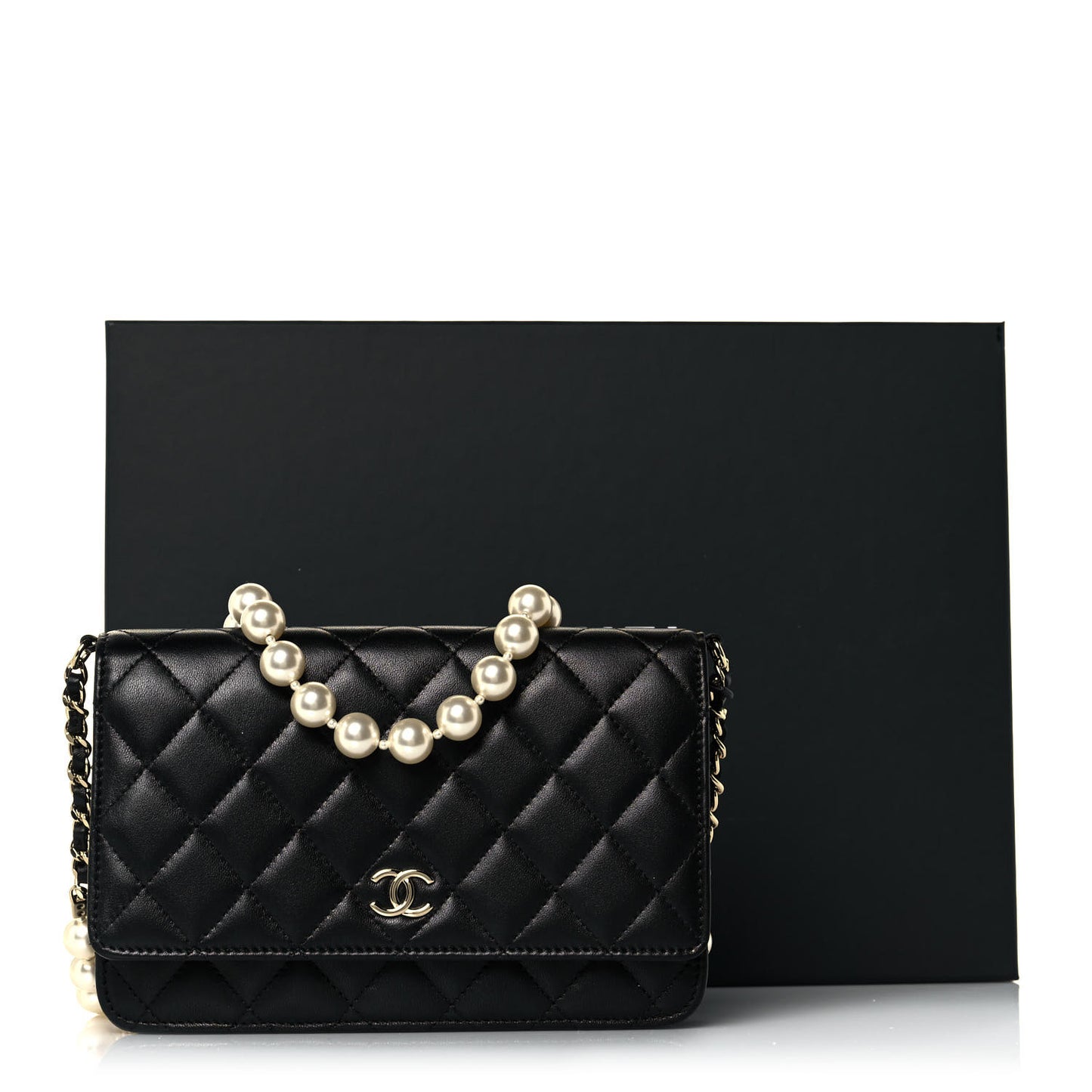 Lambskin Quilted Pearl Wallet On Chain WOC Black