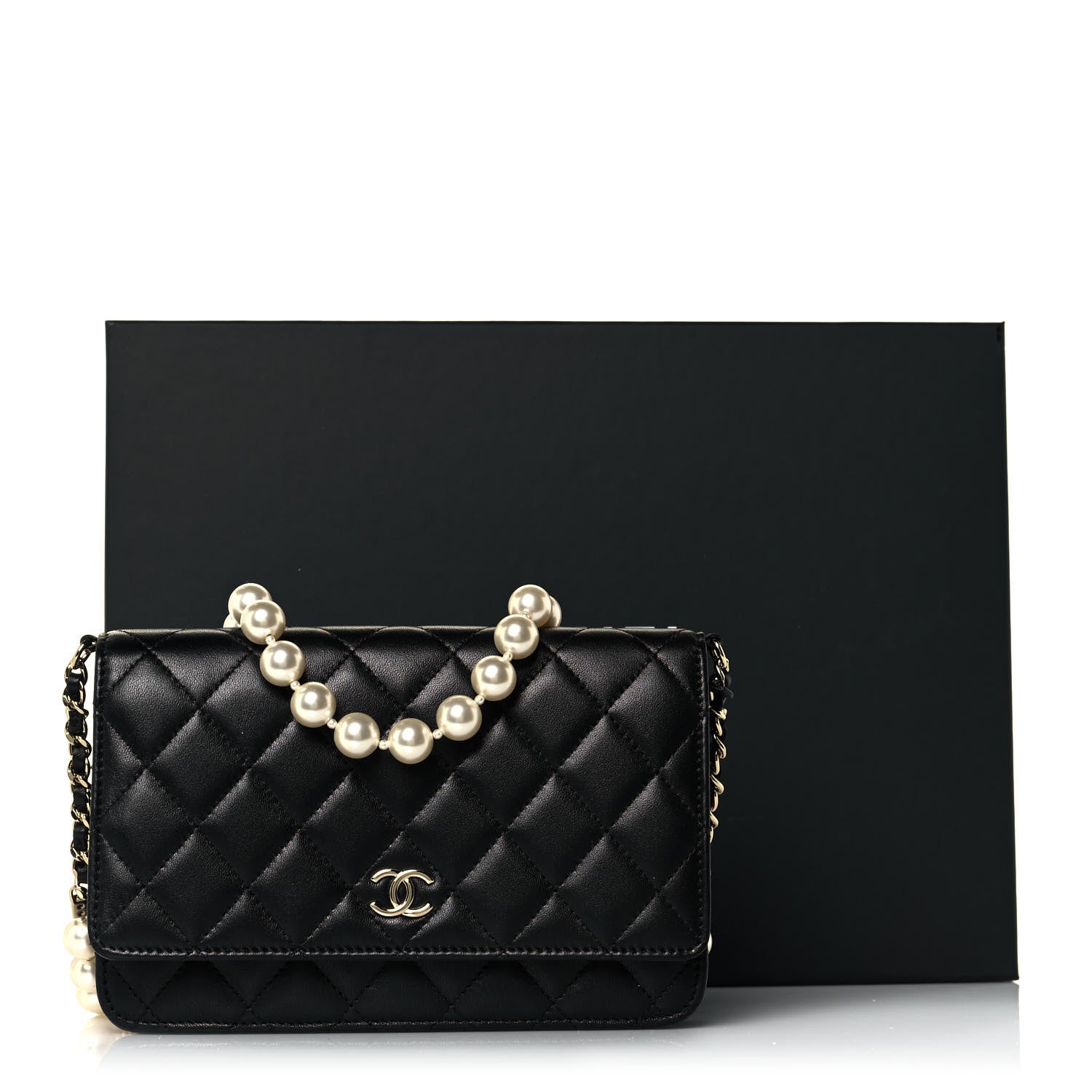 Chanel Lambskin Quilted Pearl Wallet On Chain WOC Black 15 of 15