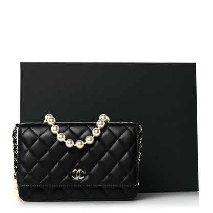 Chanel Lambskin Quilted Pearl Wallet On Chain WOC Black 15 of 15