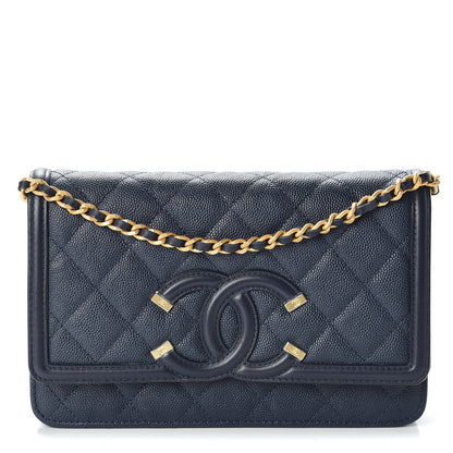 Chanel Caviar Quilted CC Filigree Wallet On Chain WOC Navy 1 of 12