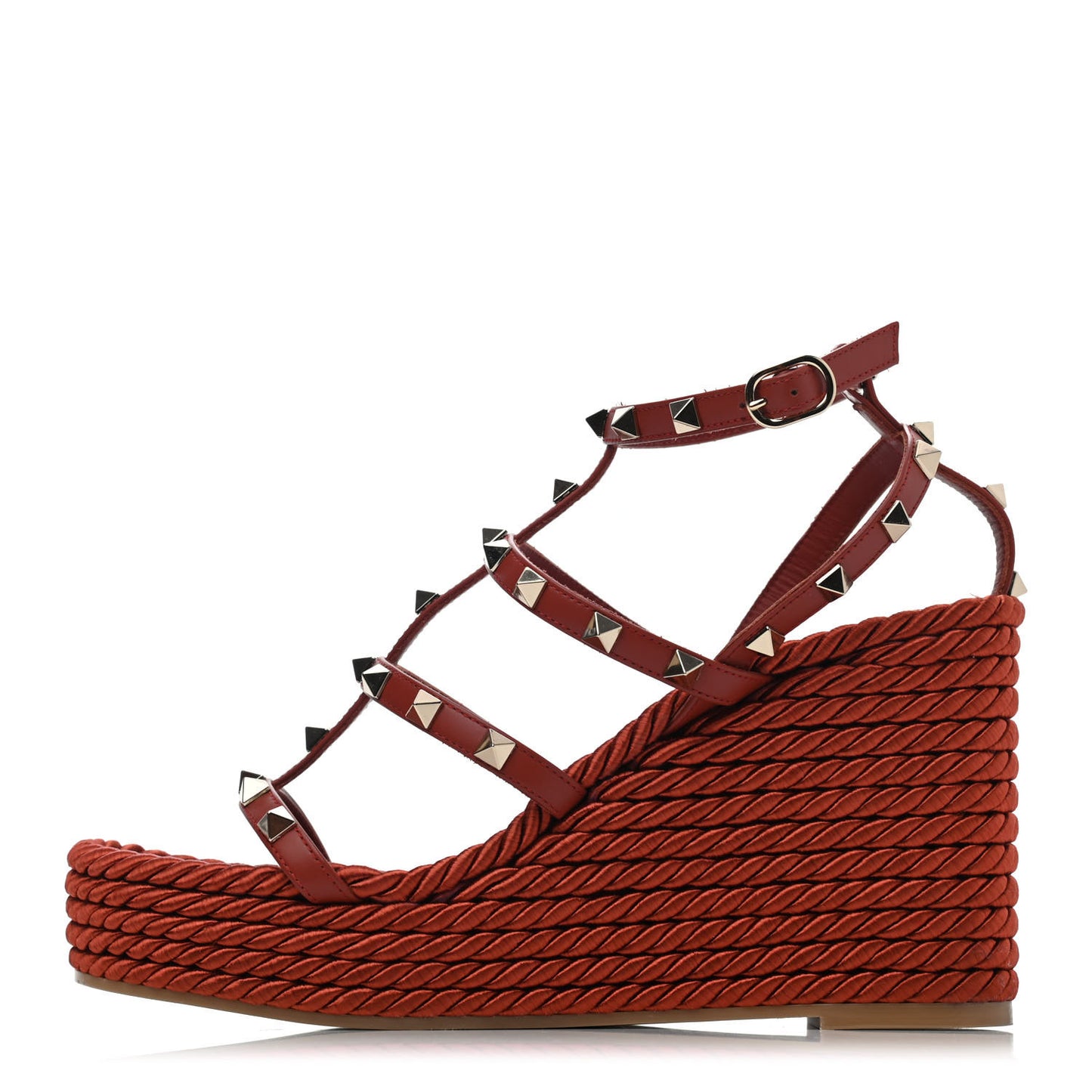 Calfskin Rockstud Torchon Espadrille Caged Wedge 25/95mm Sandals 38 Chataigne