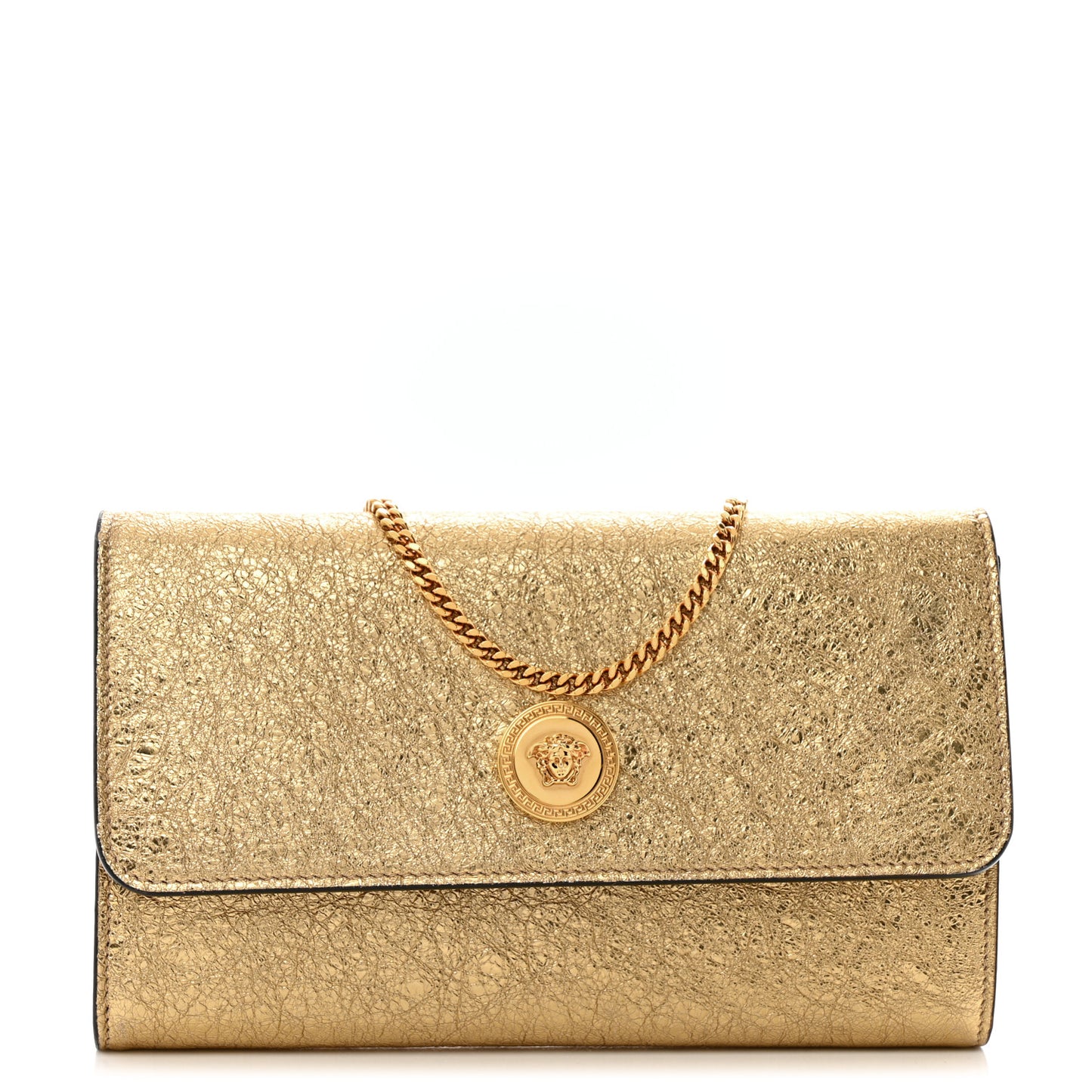 Metallic Calfskin Medusa Clutch With Chain Gold