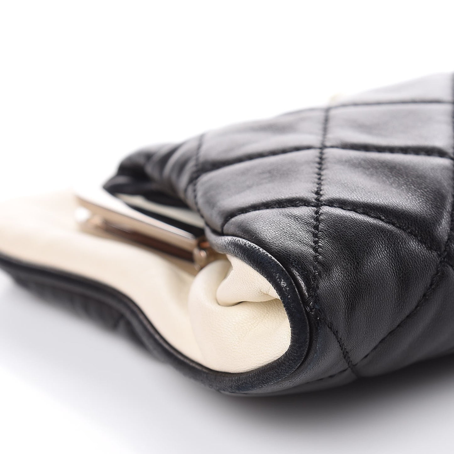 Lambskin Quilted Pearl Kiss Lock Clutch Black White