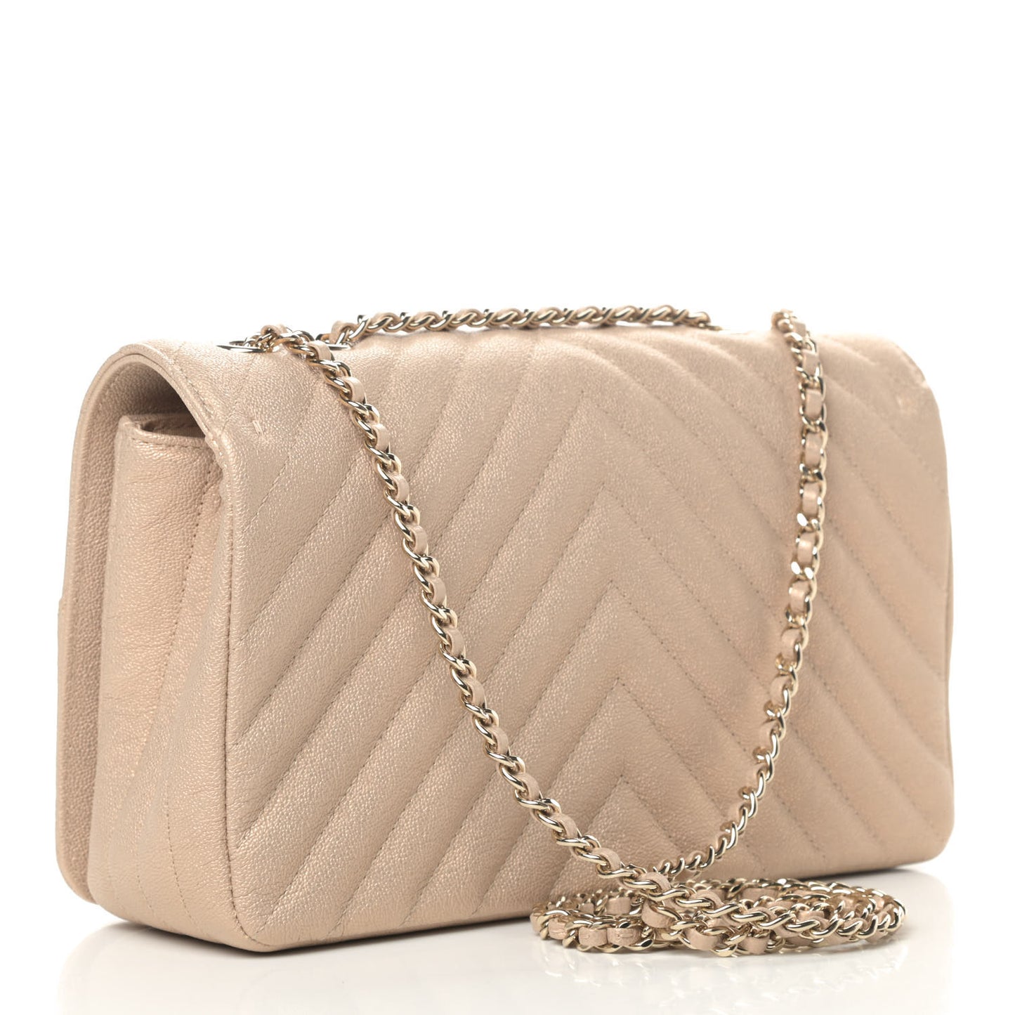 Metallic Caviar Chevron Quilted Medium Statement Flap Beige