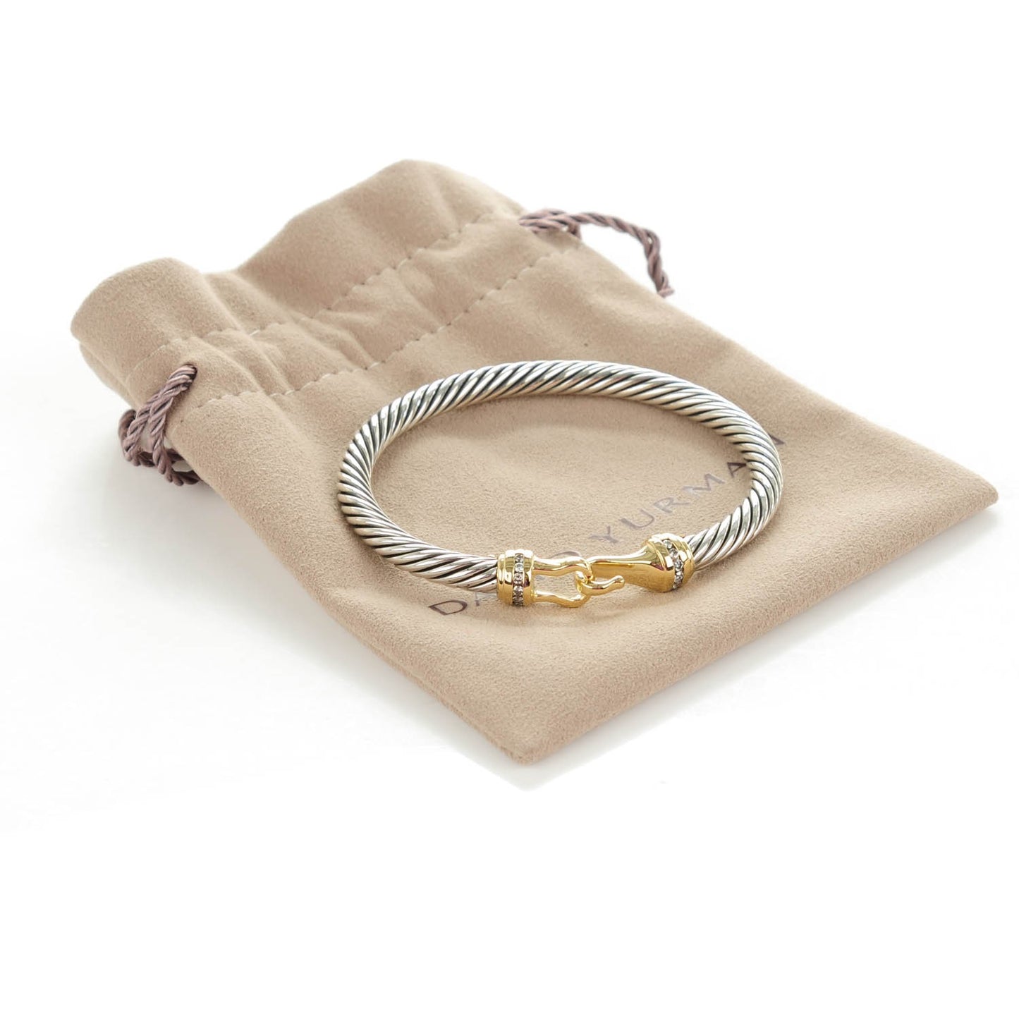 Sterling Silver 18K Yellow Gold Pave Diamond 5mm Cable Buckle Bracelet