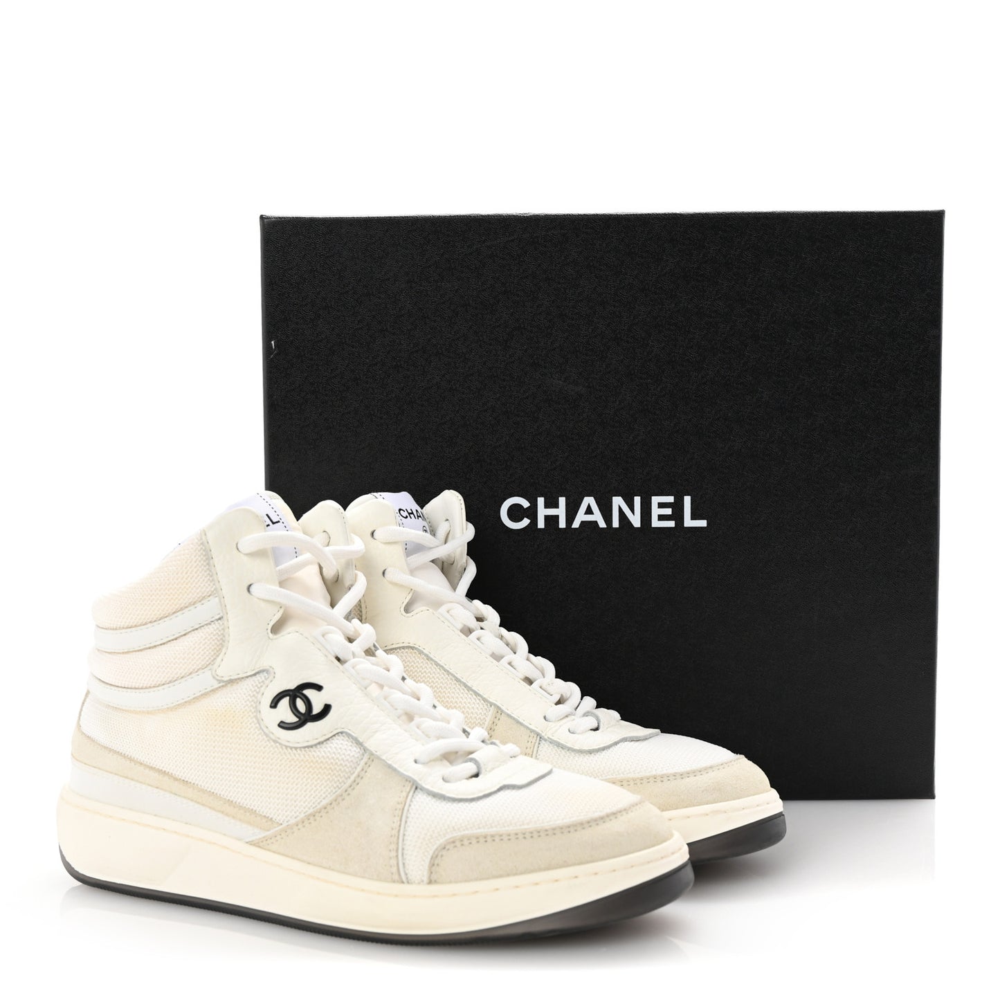 Suede Fabric Grained Calfskin Womens CC High Top Sneakers 38.5 White