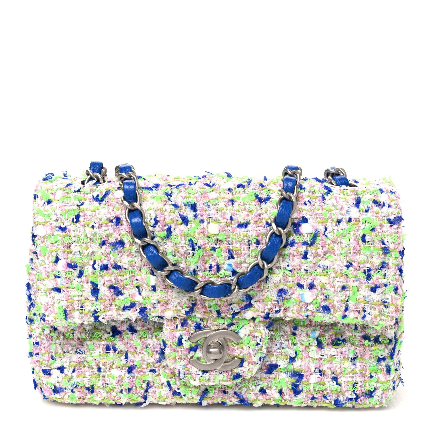 Chanel Tweed Quilted Mini Rectangular Flap White Blue Green 1 of 10