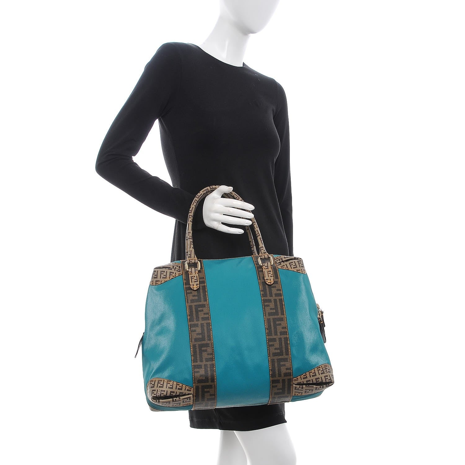 Fendi Canvas Zucca Zucchino Spalmati Large B Mix Tote Teal Tobacco 2 of 11