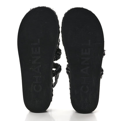 Chanel Cord Lambskin Quilted Logo Sandals 38 Black White 5 of 8