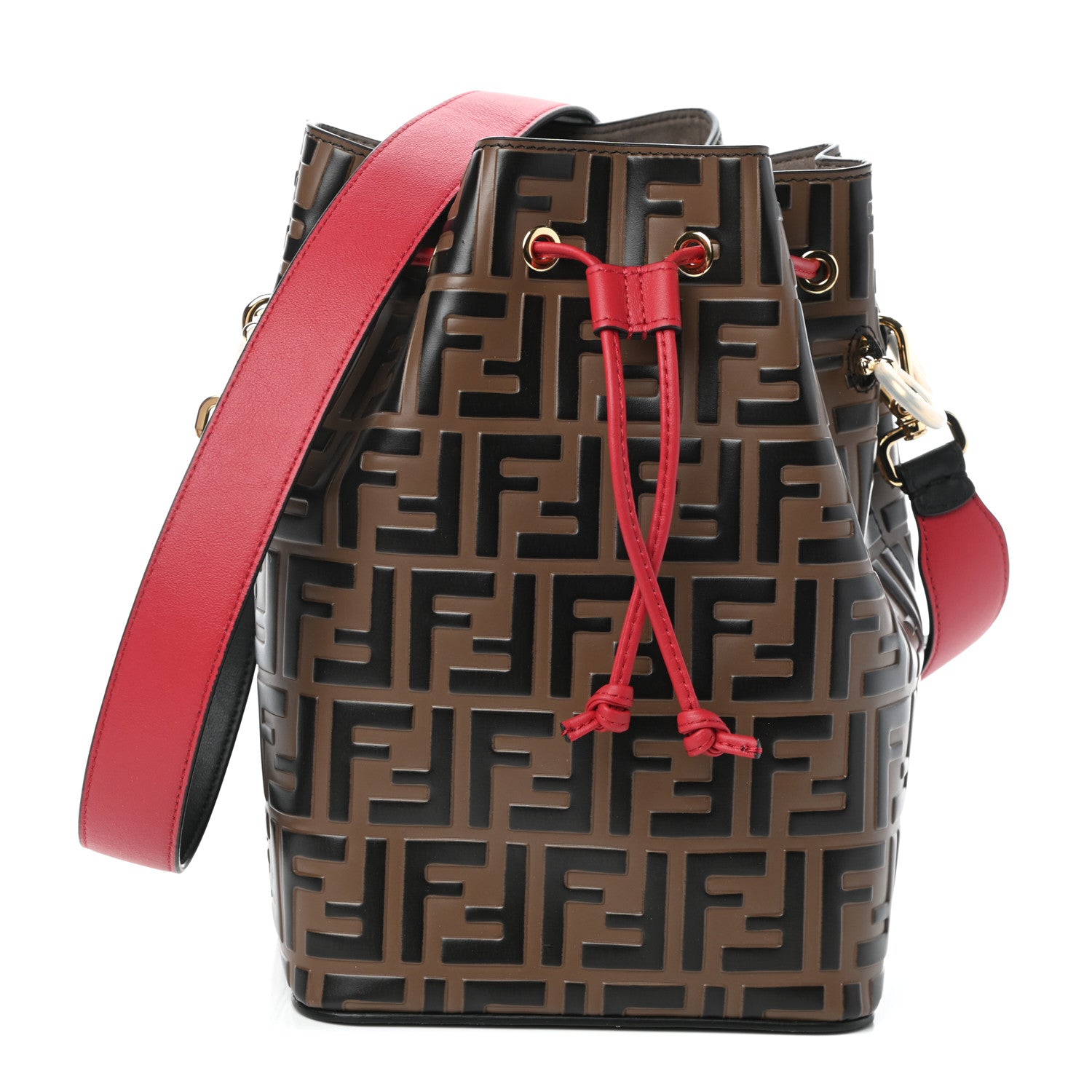 Fendi Vitello Grace F is Fendi Bi-Color FF 1974 Embossed Grande Mon Tresor Bucket Bag Maya Black Fragola 1 of 9